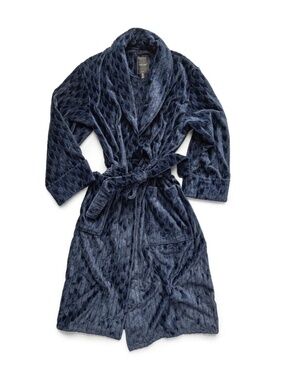 Daniel Buchler Plush Striped Houndstooth Robe in Navy